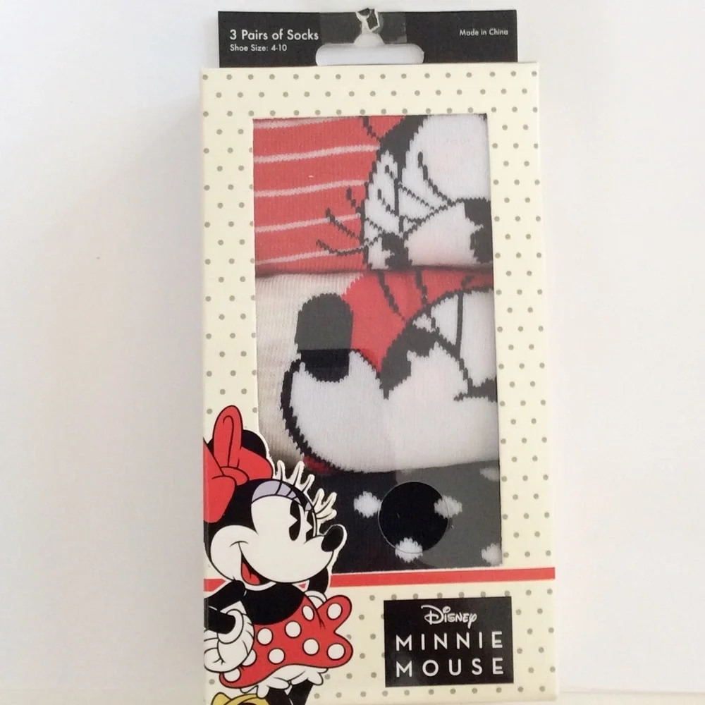 Disney Minnie Mouse Socks 3 Pairs Size 4 - 10 NIB